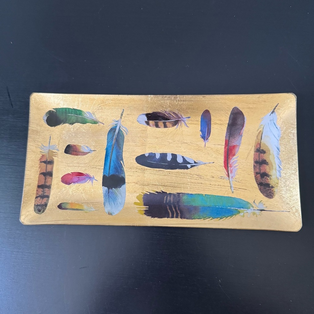 Feather Tray Gold Foil Glass 9" X 4.5" Rectangle Catch-All Trinket Fringe Studio